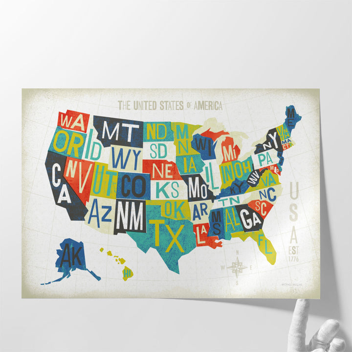 Letterpress USA Map - Canvas Print Wall Art