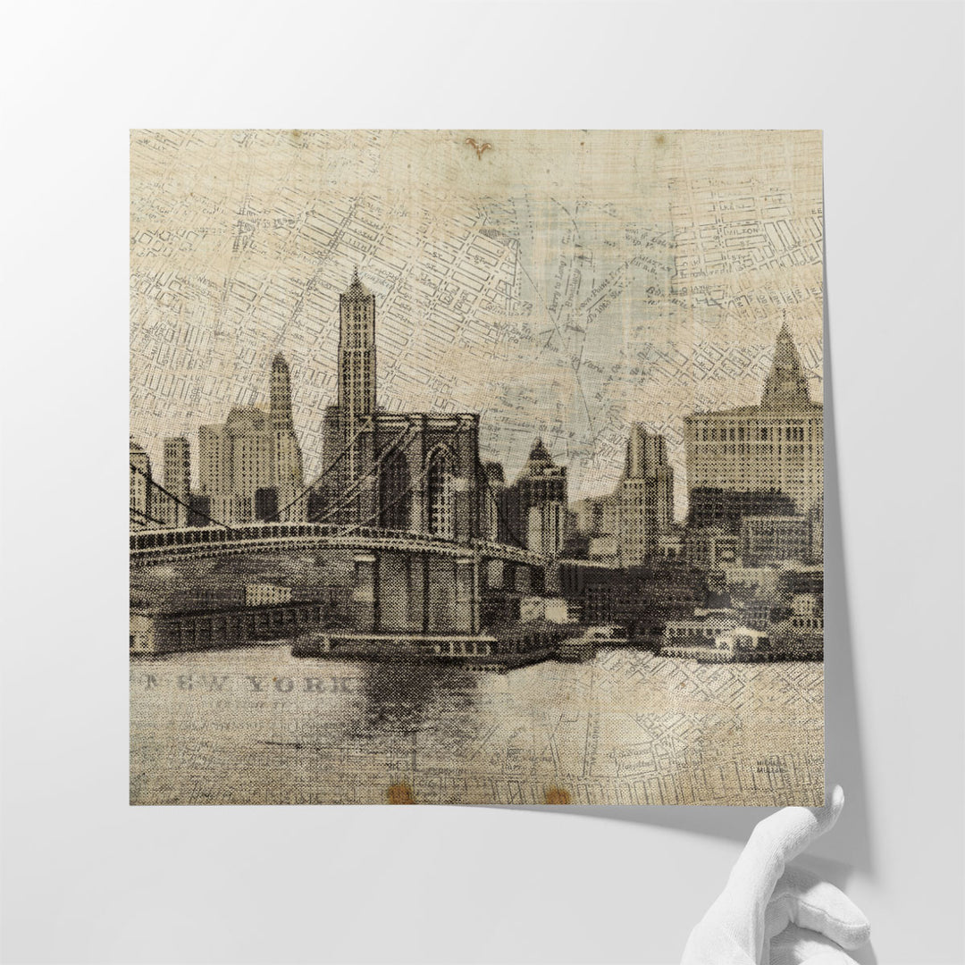 Vintage NY Brooklyn Bridge Skyline III - Canvas Print Wall Art