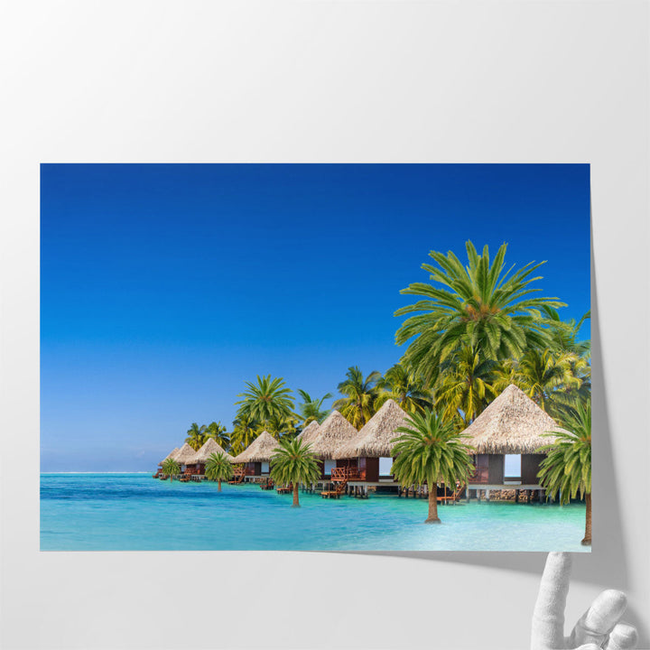 Tropical Landscape, Sea Sand Bungalows and Palm Trees - Canvas Print Wall Art