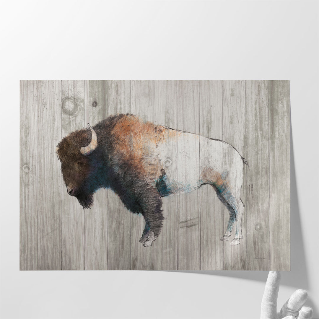 Colorful Bison Dark Brown on Wood - Canvas Print Wall Art