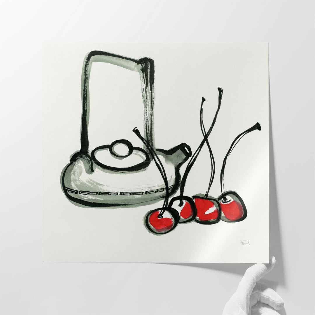 Tea and Cherries Black and White - Canvas Print Wall Art