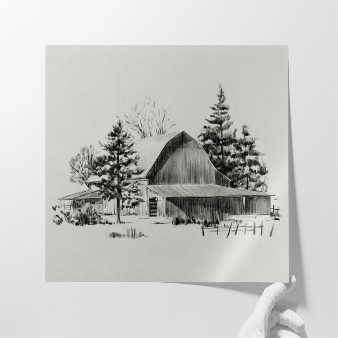 Distant Barn Sketch II Black And White - Canvas Print Wall Art