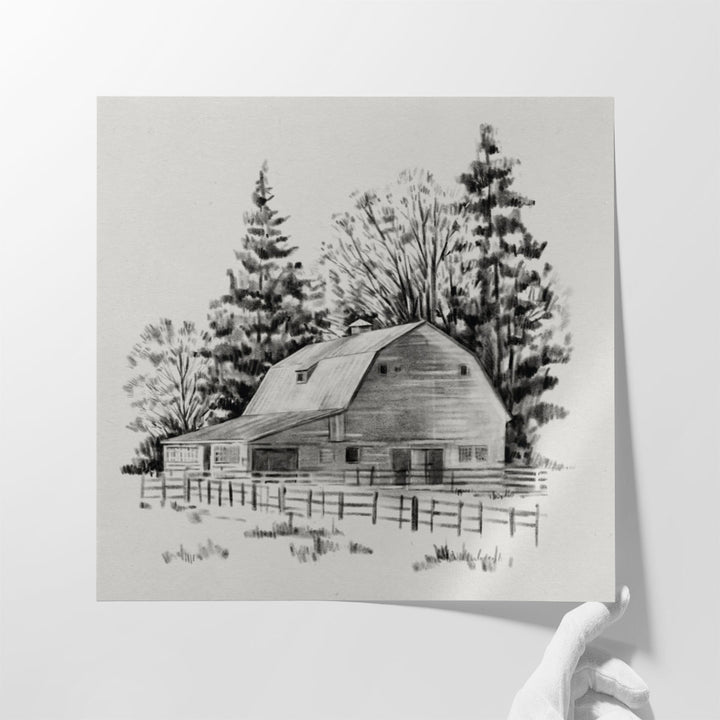 Distant Barn Sketch I Black And White - Canvas Print Wall Art