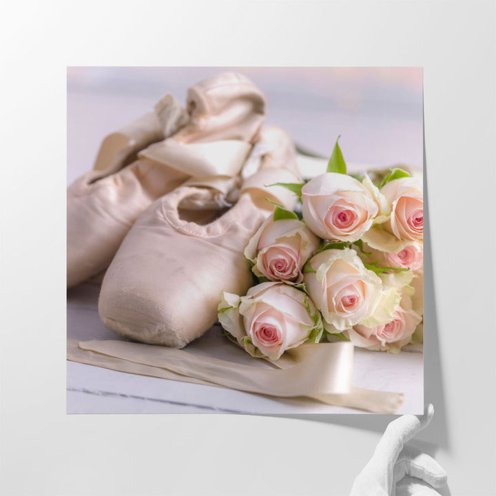 Ballet Slippers with Bunch of Roses on the Floor - Canvas Print Wall Art