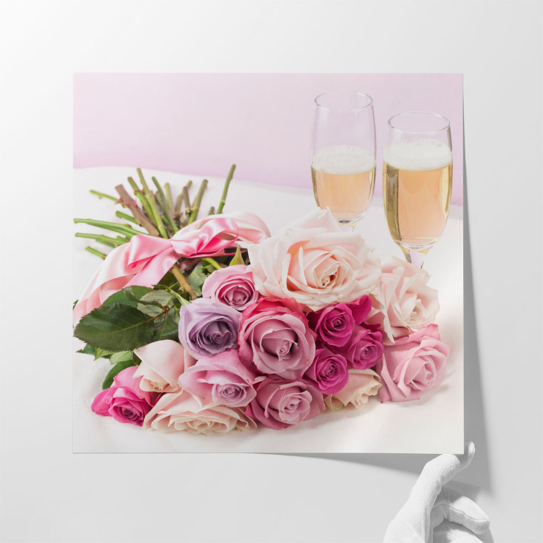 Bouquet of Roses with Champagne Glasses - Canvas Print Wall Art