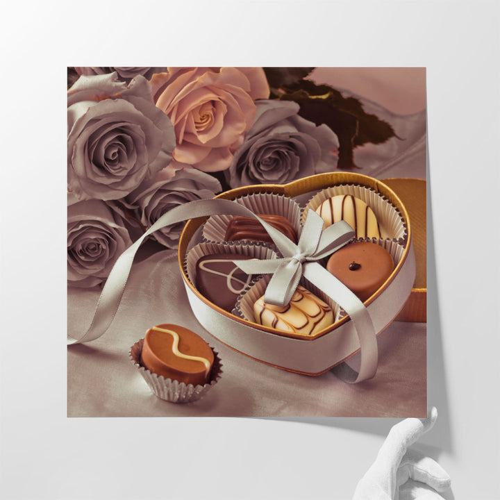 Chocolate Gift Box with Roses 1 - Canvas Print Wall Art