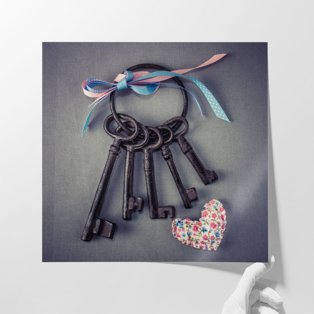 Old Keys with Ribbons and a Heart - Canvas Print Wall Art