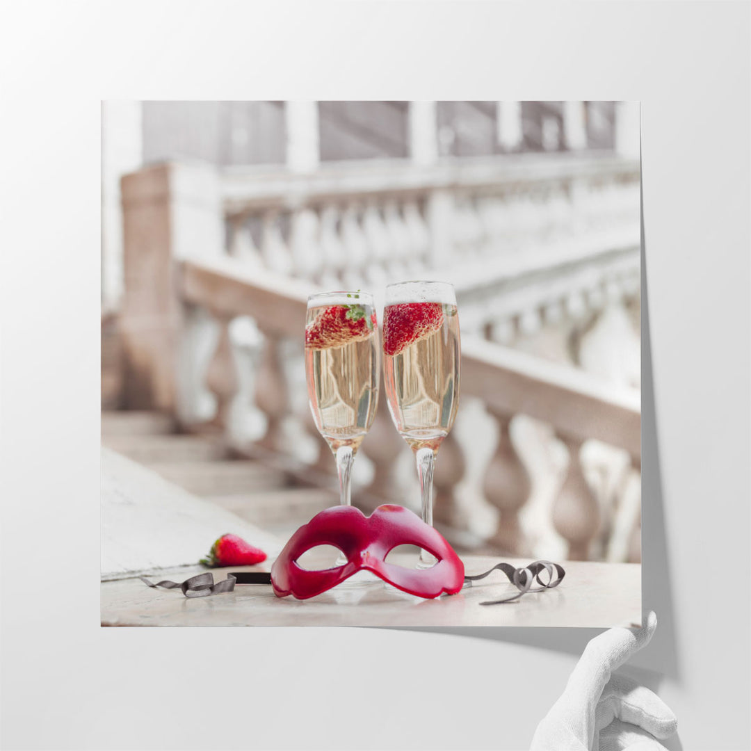 Venetian Mask and Champagne Glasses, Rialto Bridge, Venice - Canvas Print Wall Art