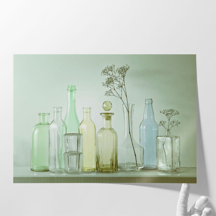 Antique Bottles in a row 2 - Canvas Print Wall Art