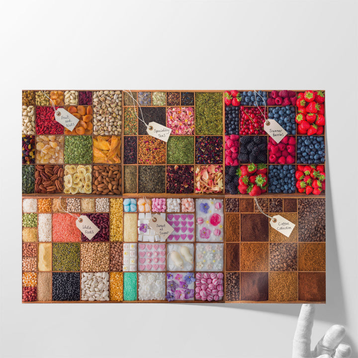 Collage of Food Ingredients in Wooden Boxes - Canvas Print Wall Art