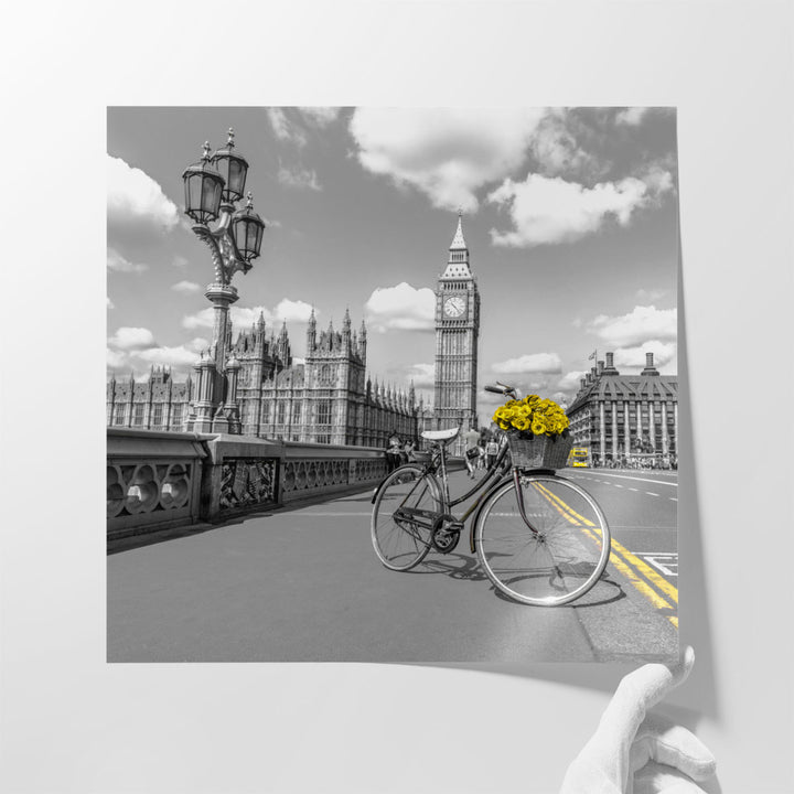 Bicycle with Bunch of Flowers on Westminster Bridge - Canvas Print Wall Art