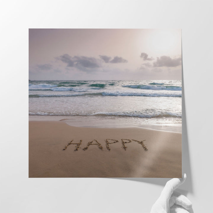 Happy Written on Beach - Canvas Print Wall Art