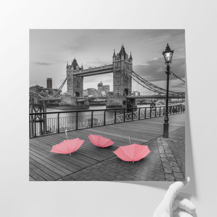 Pink Umbrellas at Tower Bridge - Canvas Print Wall Art