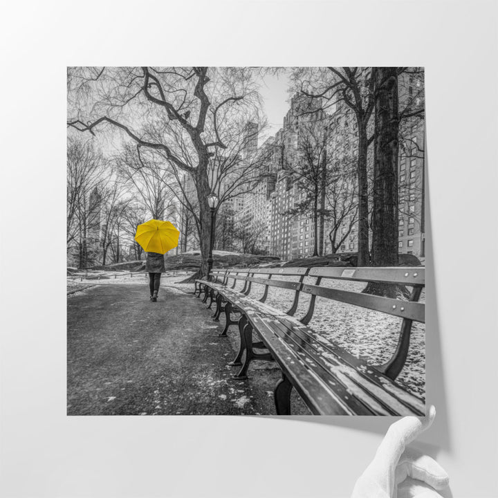 Tourist on Pathway with Yellow Umbrella at Central park, New York - Canvas Print Wall Art