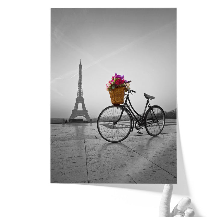 Bicycle With A Basket Of Flowers Next To The Eiffel Tower - Canvas Print Wall Art