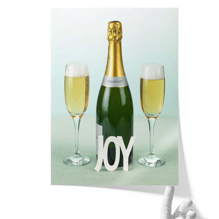 Champagne Bottle And Glasses With The Letters Joy - Canvas Print Wall Art