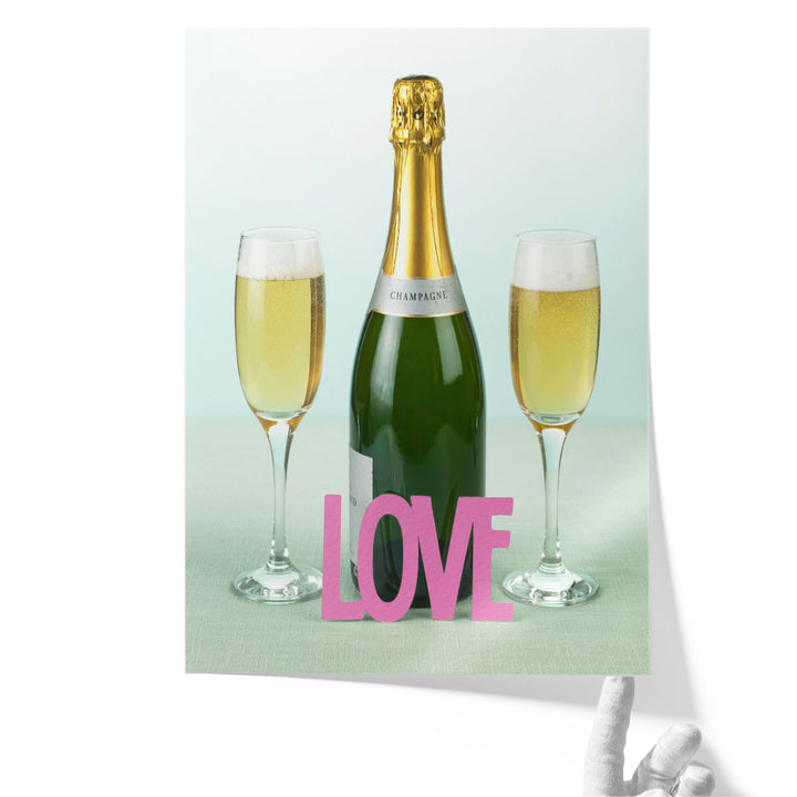 Champagne Bottle And Glasses With The Letters Love - Canvas Print Wall Art