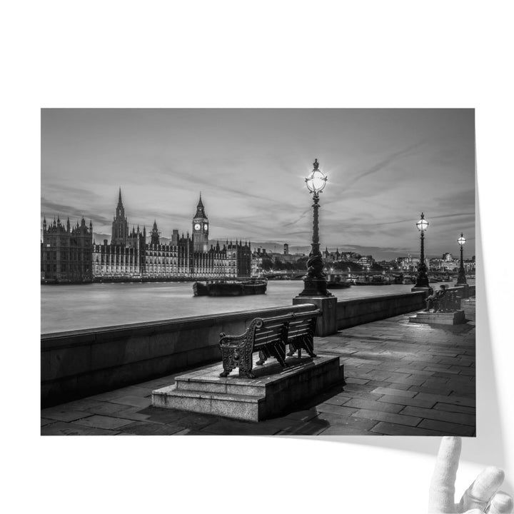 Benches By The Walkway Next To The River Thames, London Black And White - Canvas Print Wall Art