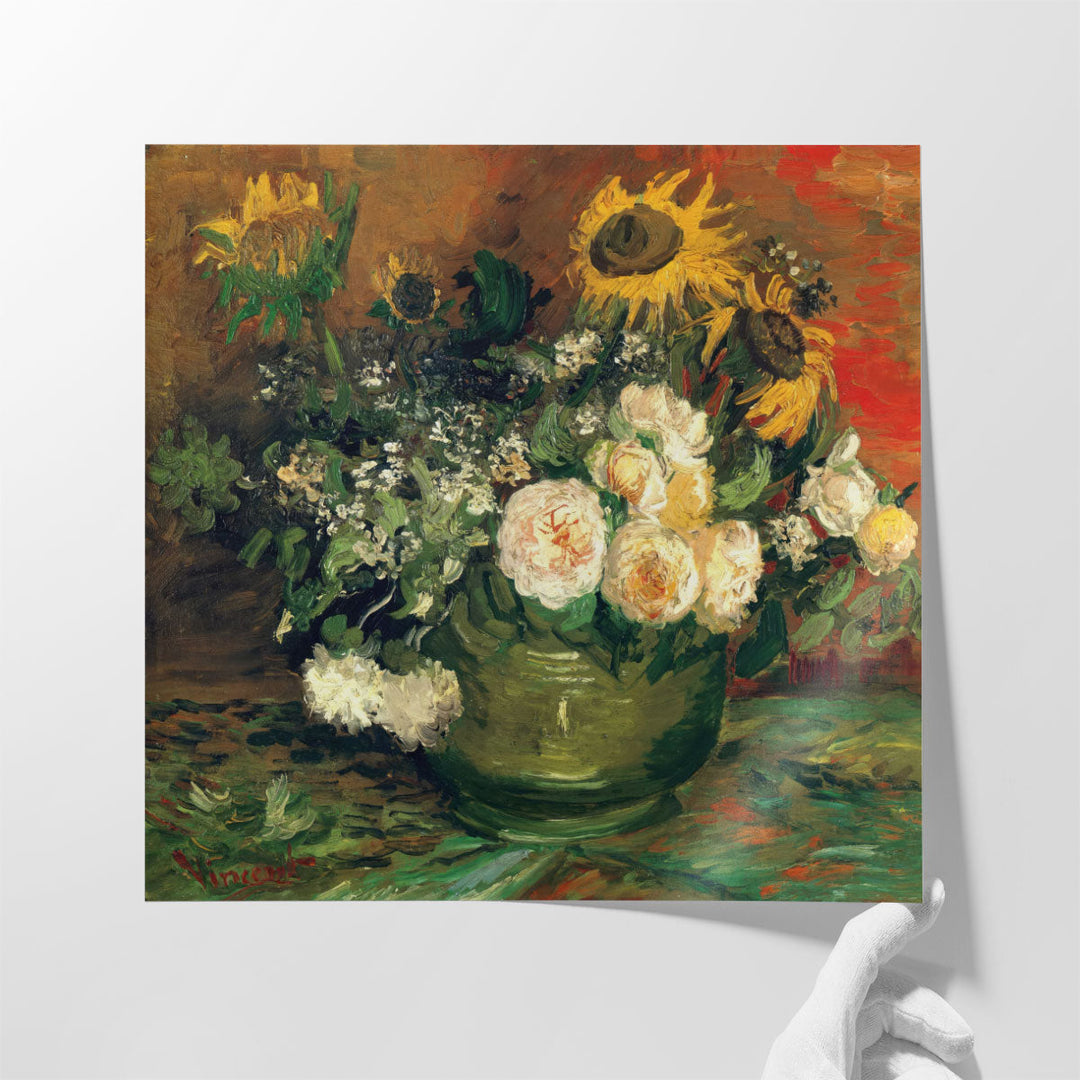 Bowl With Sunflowers Roses And Other Flowers, 1886 - Canvas Print Wall Art