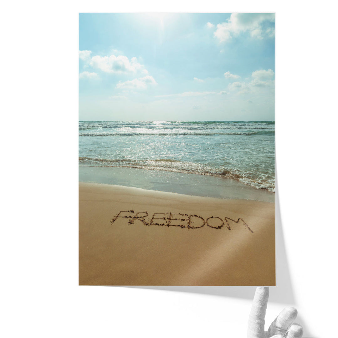 Word Freedom Written In Sand - Canvas Print Wall Art