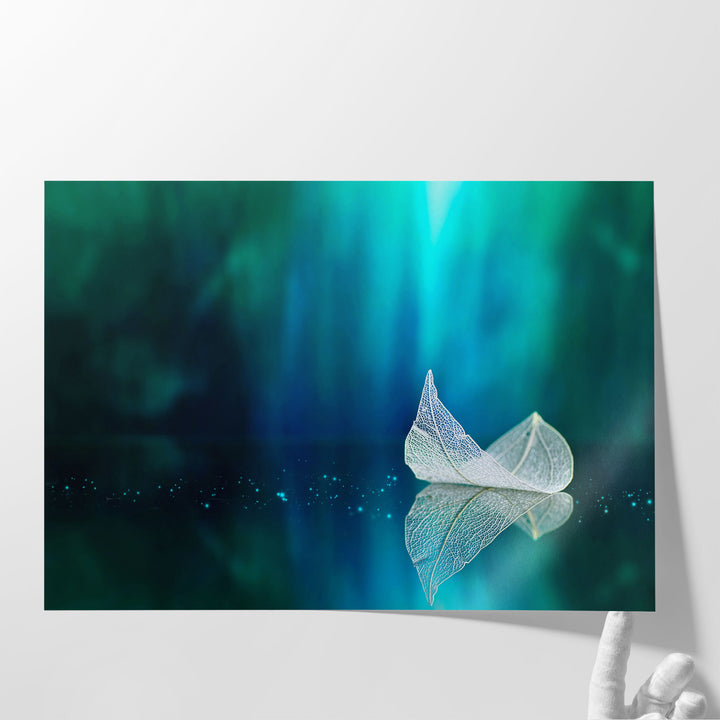 Refection of a Leaf With Turquoise Background - Canvas Print Wall Art
