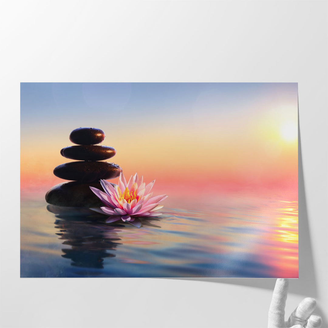 Zen Concept - Spa Stones And Waterlily In A Lake At Sunset - Canvas Print Wall Art