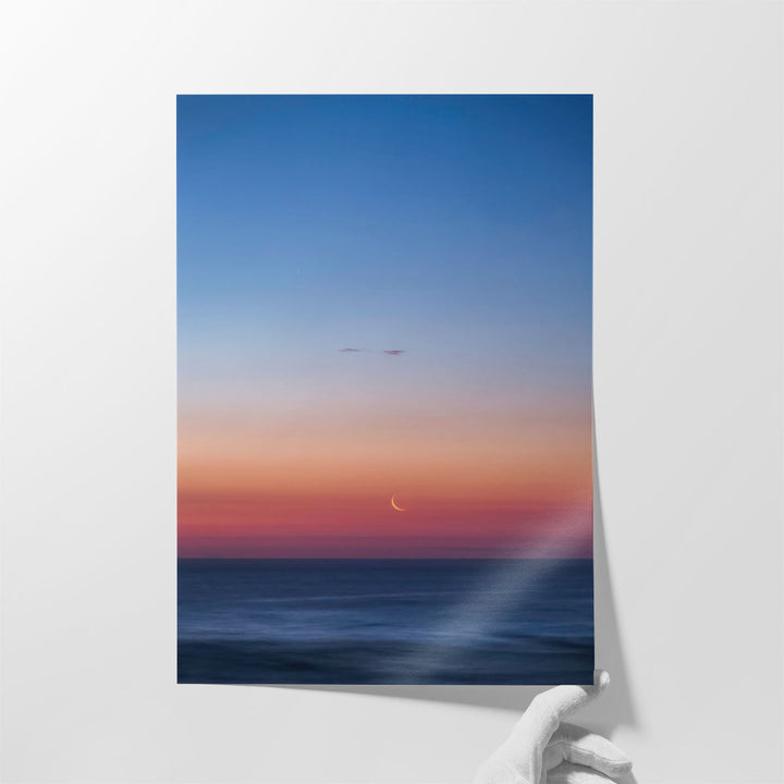 Fingernail Moon Setting Over Ocean During Sunset - Canvas Print Wall Art