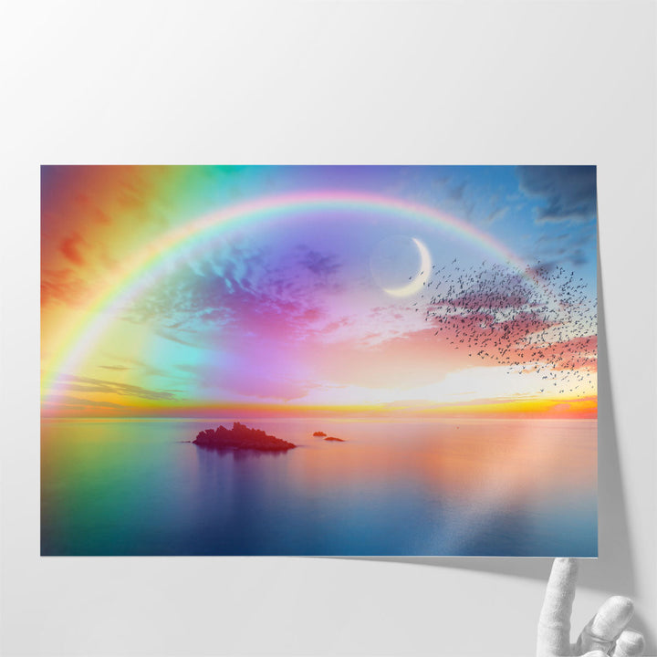 Beautiful Landscape With Rainbow, Sea and Birds - Canvas Print Wall Art