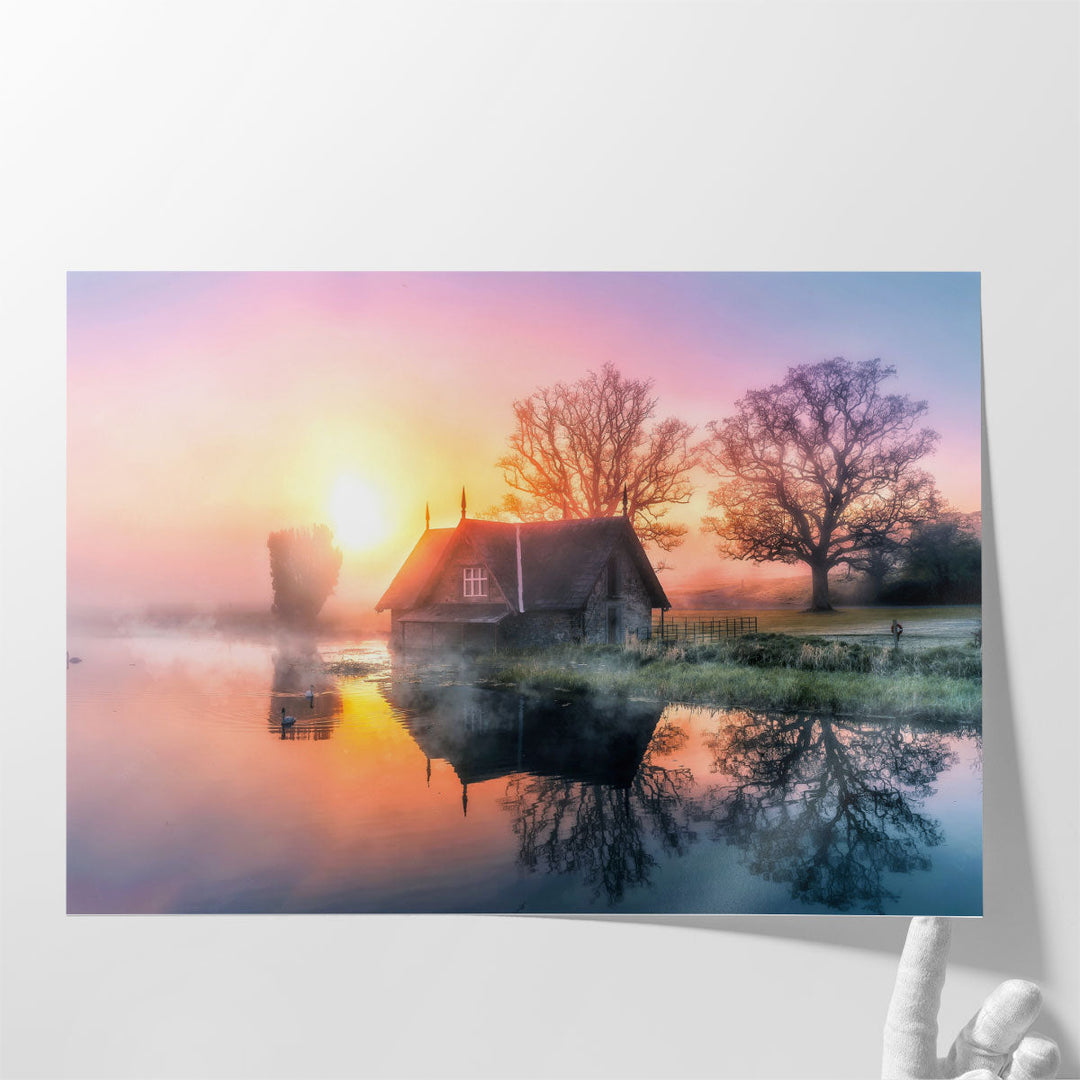 Foggy Lake House in Early Morning During Sunrise - Canvas Print Wall Art