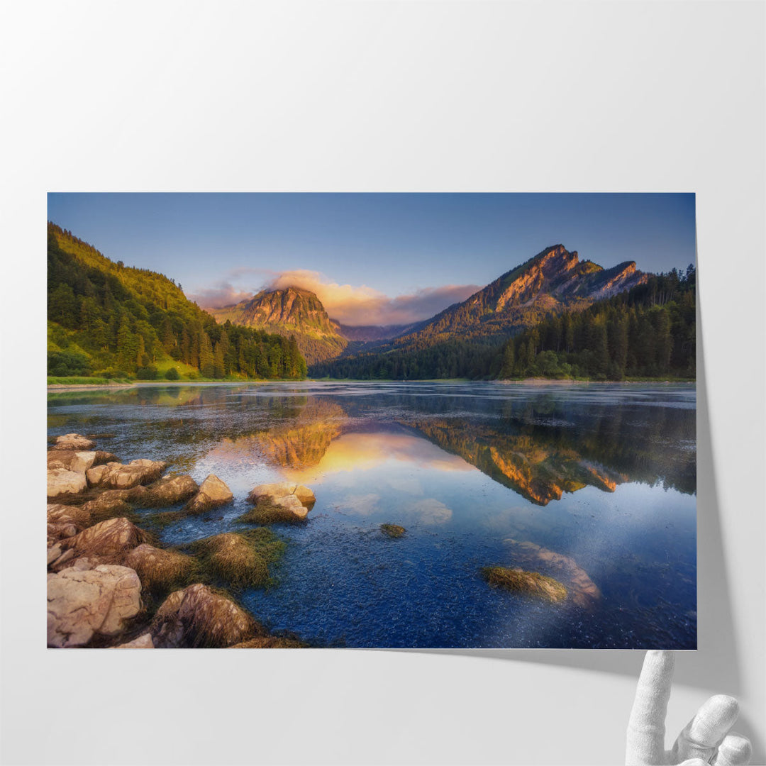 Sunset at Turquoise Lake Obersee, Swiss Alps, Europe - Canvas Print Wall Art