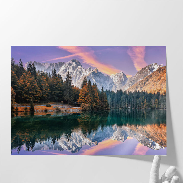 Autumn Landscape During Sunset At The Fusine Lake - Canvas Print Wall Art