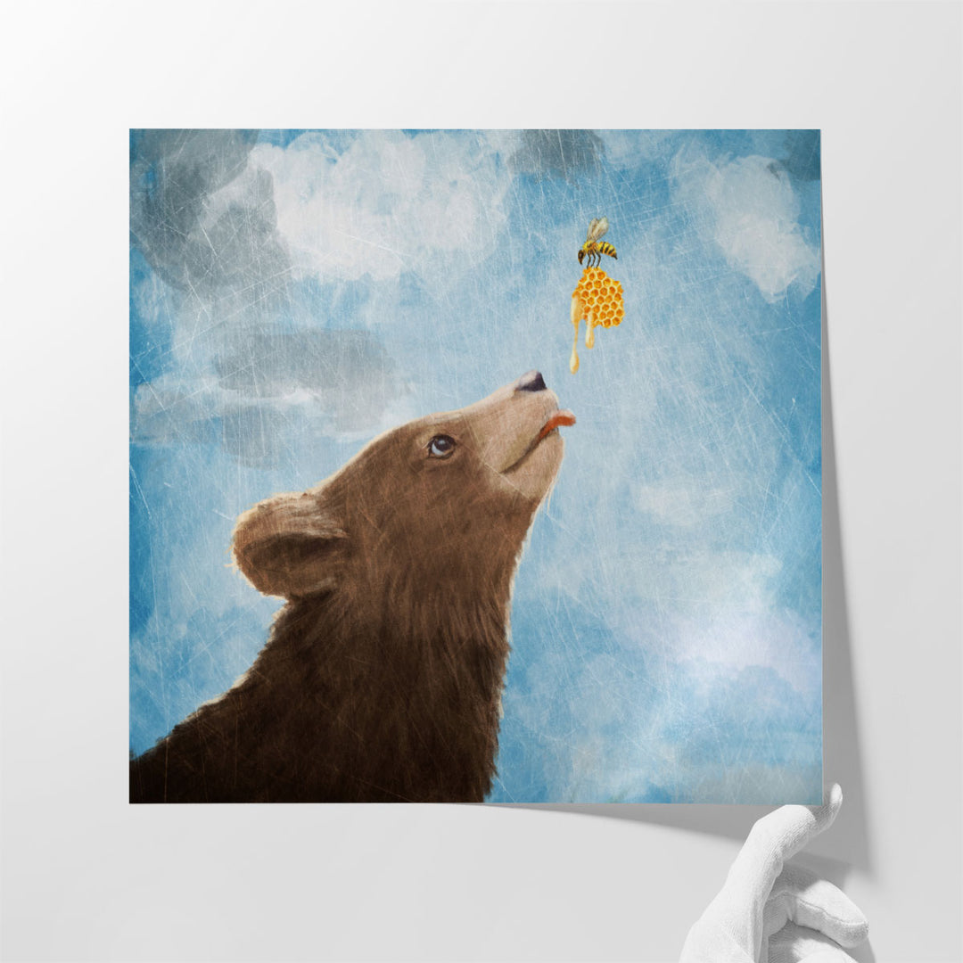 Bear Cub and Bee with Honeycomb - Canvas Print Wall Art