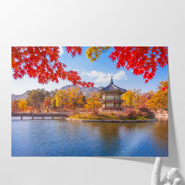 Gyeongbokgung Palace with Maple Leaves, Seoul, South Korea - Canvas Print Wall Art