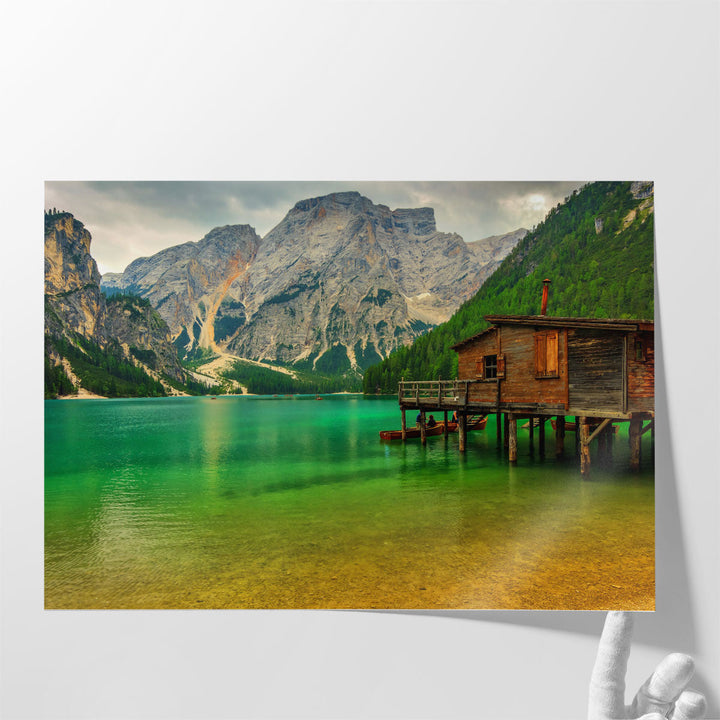 Hut on Braies Lake in Dolomiti Mountains, Sudtirol, Italy - Canvas Print Wall Art