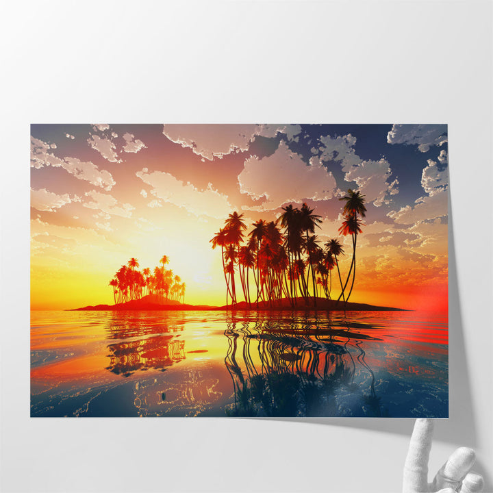 Magic Sunset in Clouds Over Coconut Tropic Island - Canvas Print Wall Art