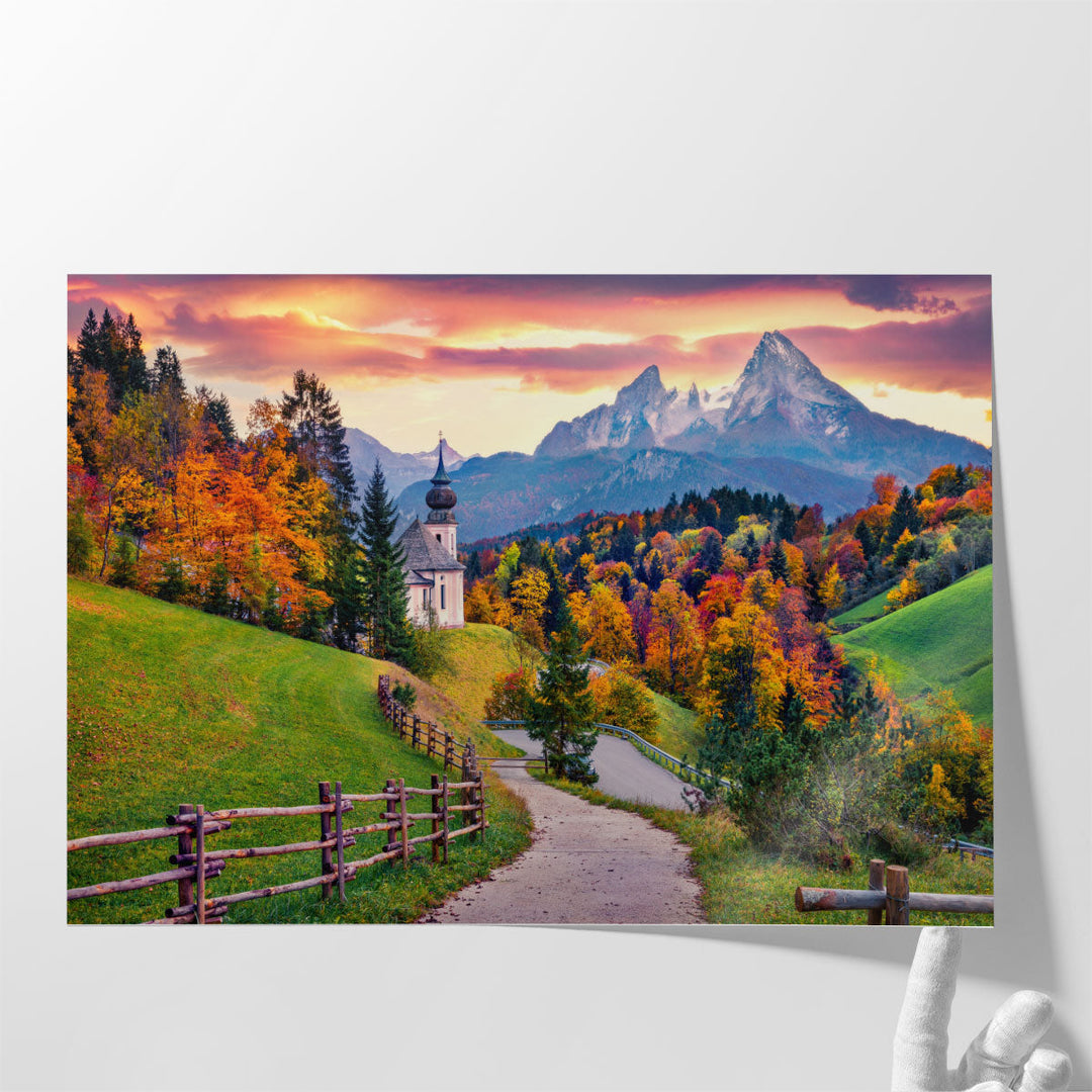 Maria Gern Church in Bavaria, Hochkalter Peak, Evening Landscape - Canvas Print Wall Art