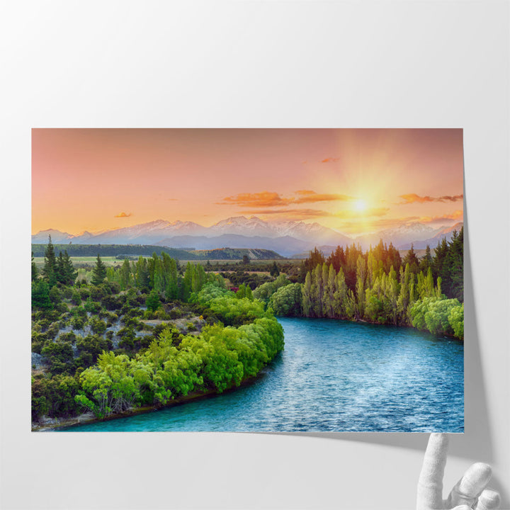 Sunset Over The Bend Of The River Clutha, Alps Peaks - Canvas Print Wall Art