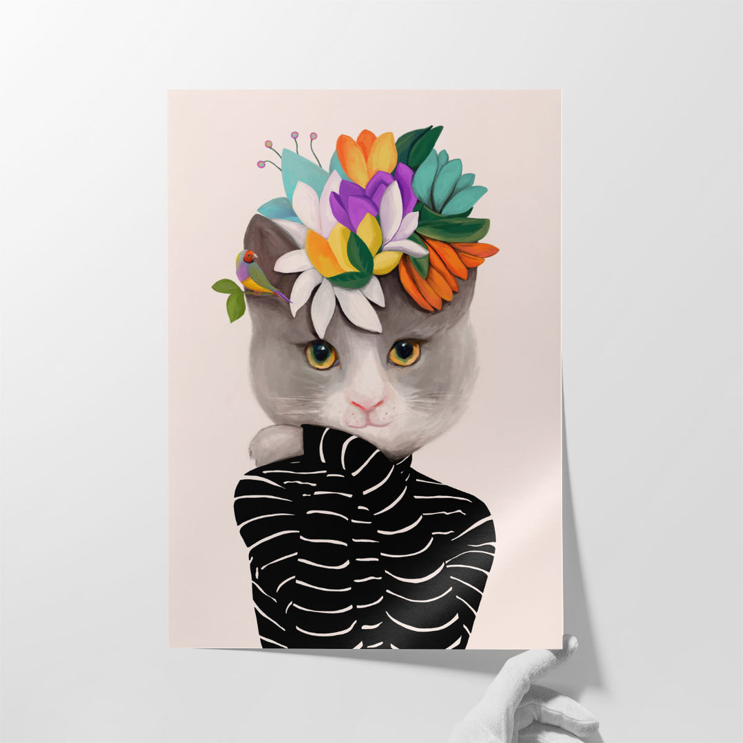 Cat With Flowers And Finch - Canvas Print Wall Art