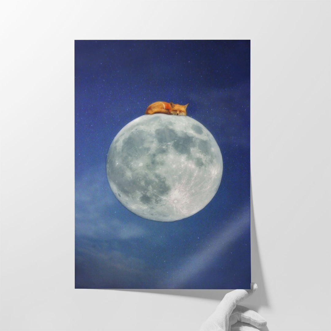 Fox Sleeping On Moon - Canvas Print Wall Art