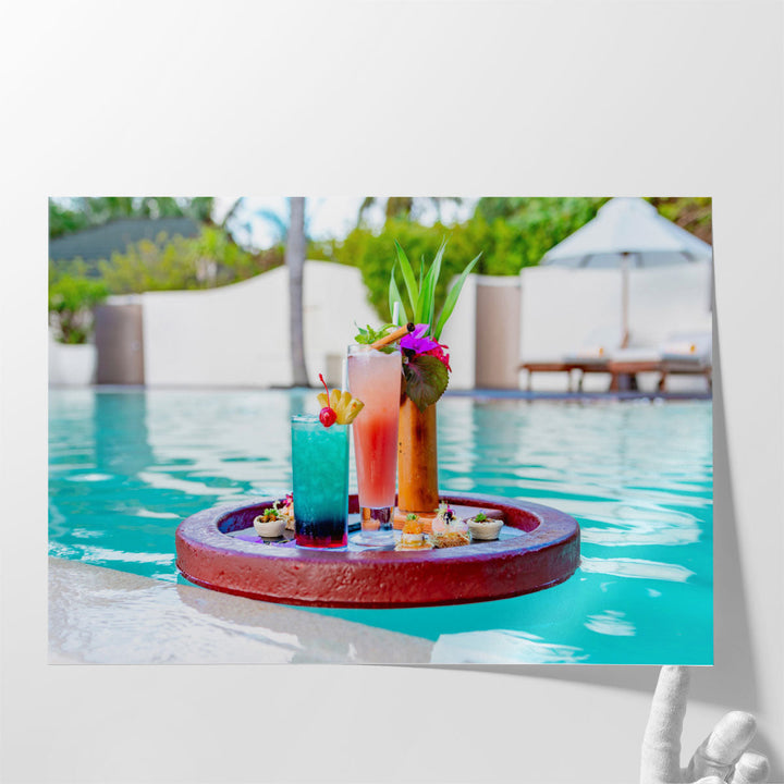 Floating Tray in Swimming Pool With Cocktails and Snacks - Canvas Print Wall Art