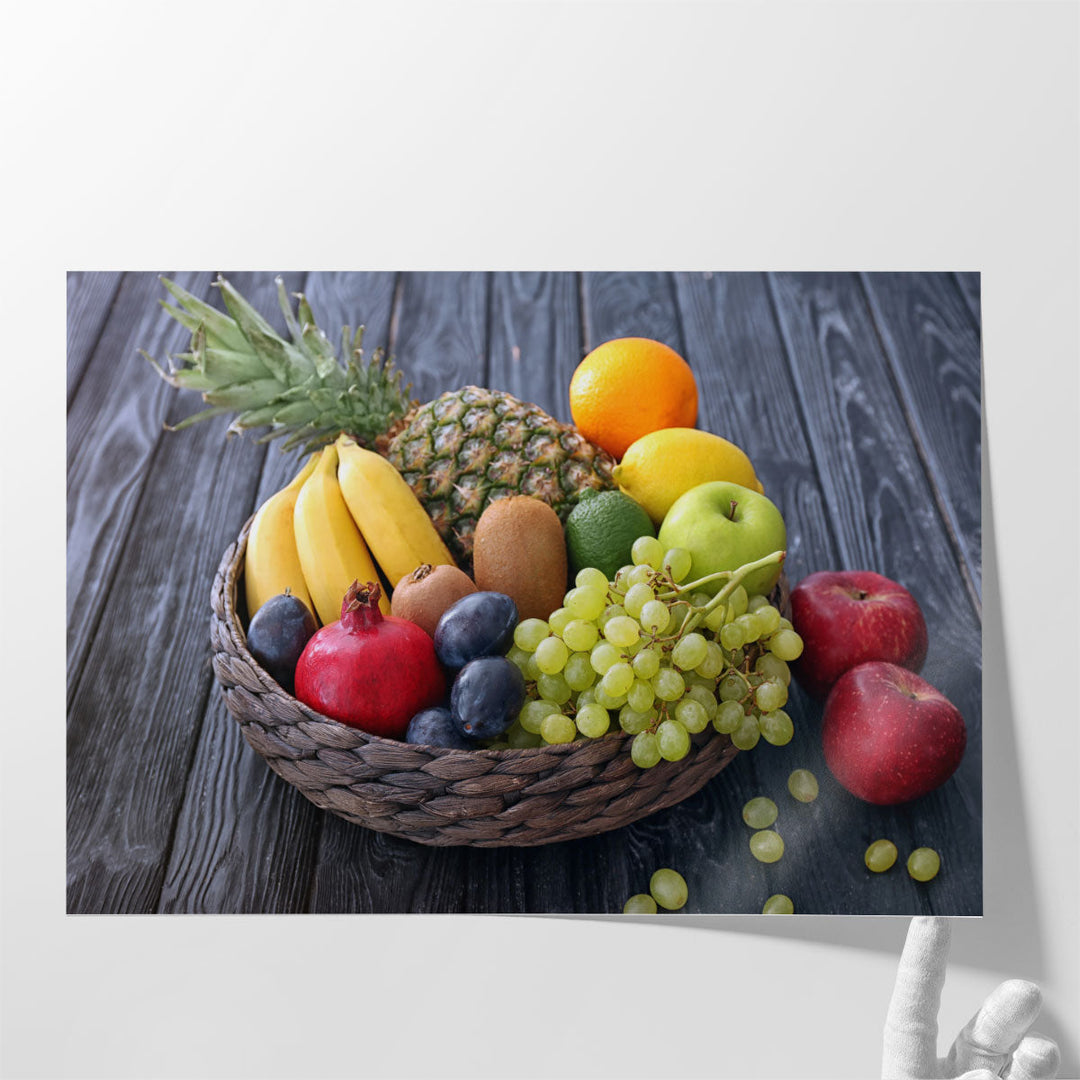 Fresh Fruits Basket On Wooden Table - Canvas Print Wall Art