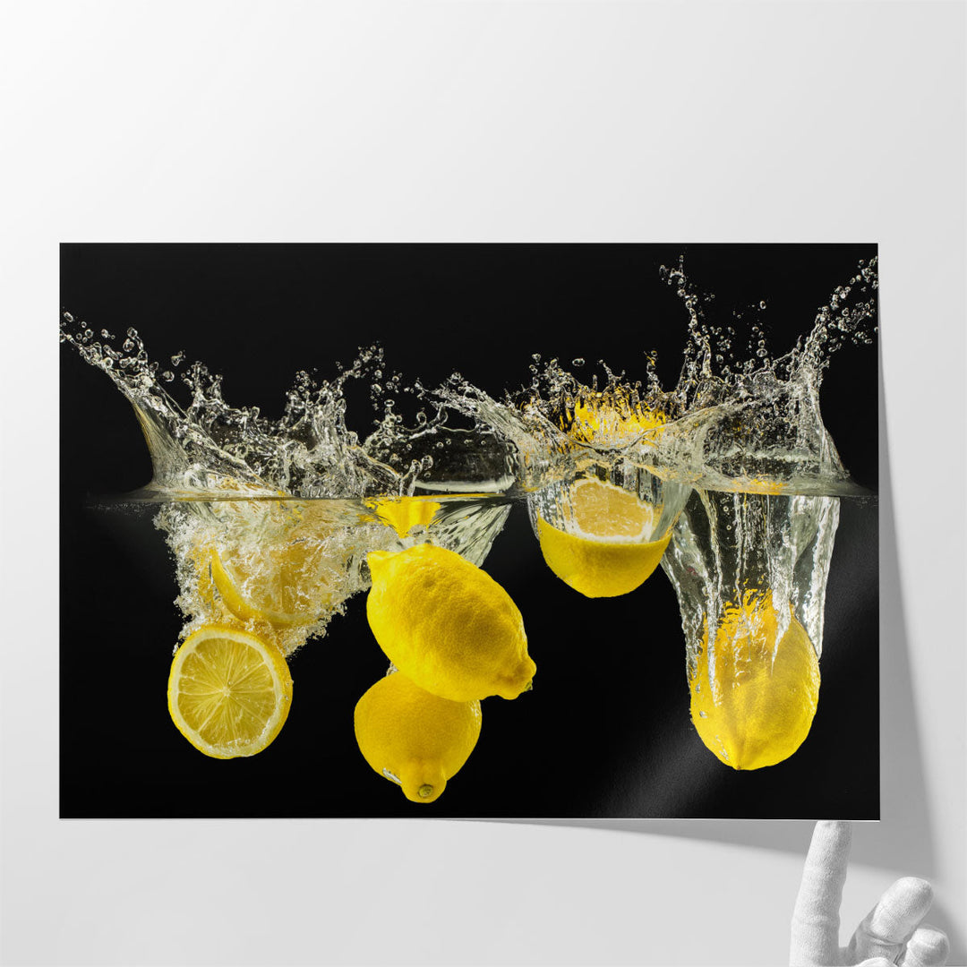 Fresh Lemons Falling in Water - Canvas Print Wall Art