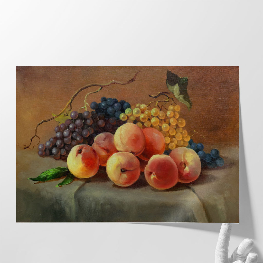 Ripe Juicy Peaches and Grapes on the Table Oil Painting Print - Canvas Print Wall Art