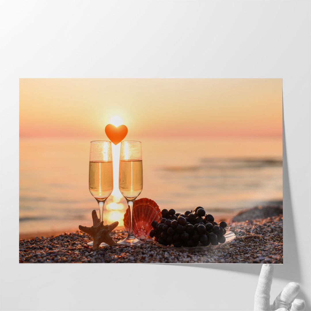 Romantic Atmosphere at Sunset By The Sea, Grapes, Wine and a Heart - Canvas Print Wall Art