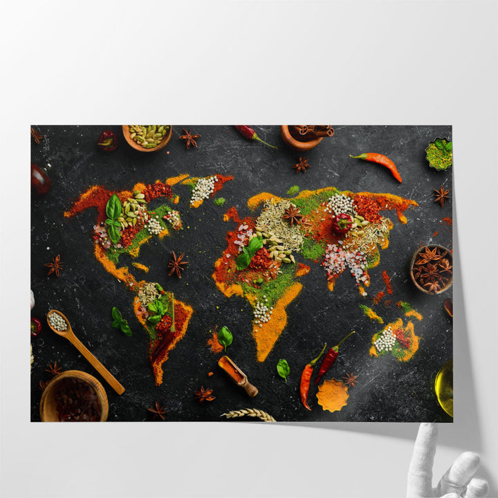 Set of Herbs and Spices as World Map, Kitchen Decor, Restaurant Art - Canvas Print Wall Art