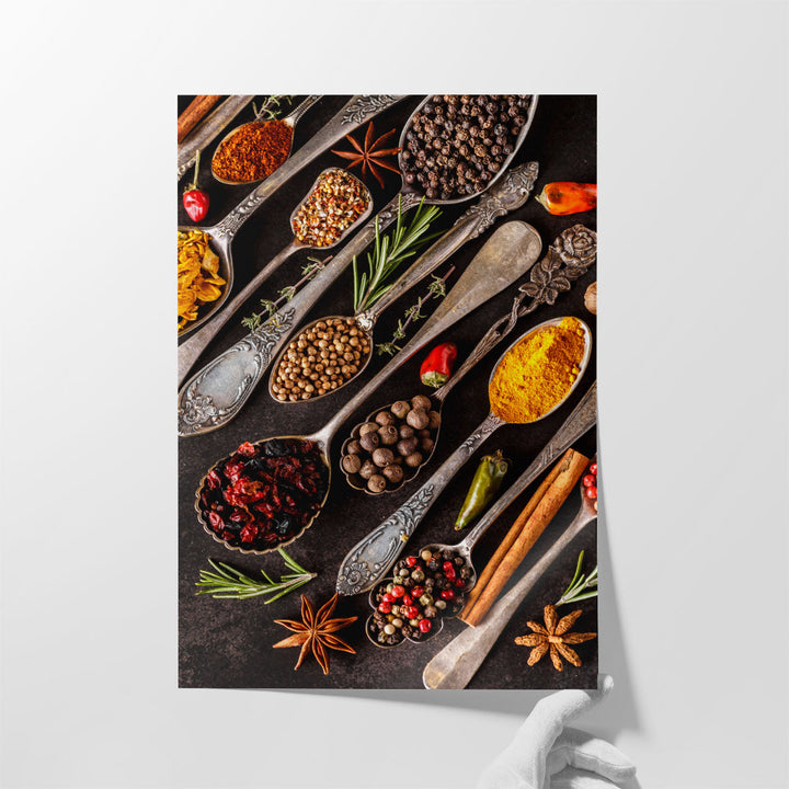 Various Herbs and Spices in Vintage Spoons Kitchen Decor, Restaurant Art - Canvas Print Wall Art