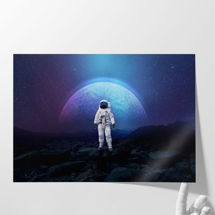 Astronaut On The Rock Surface With Space Background - Canvas Print Wall Art