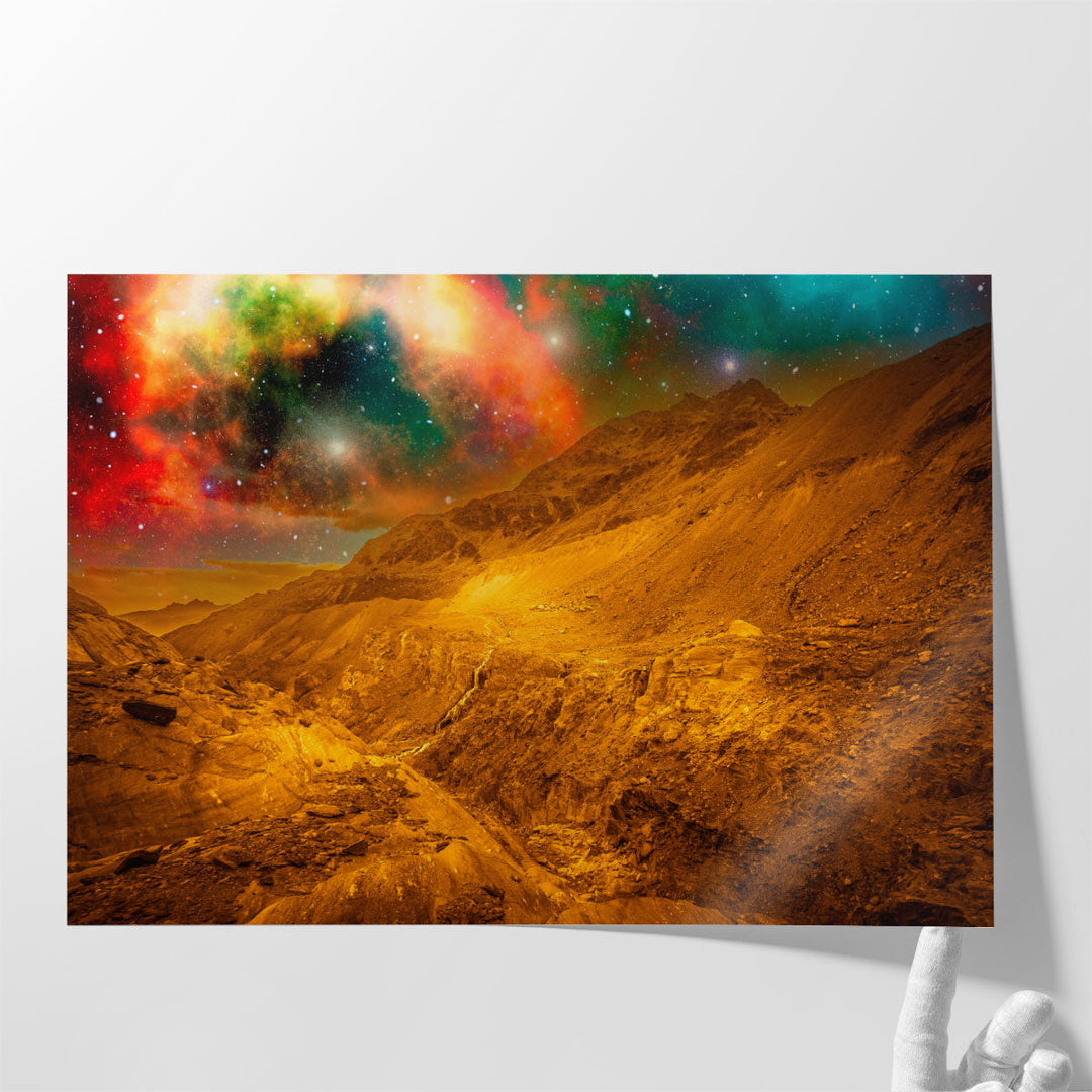 Mountains With Golden Outer Space Background - Canvas Print Wall Art