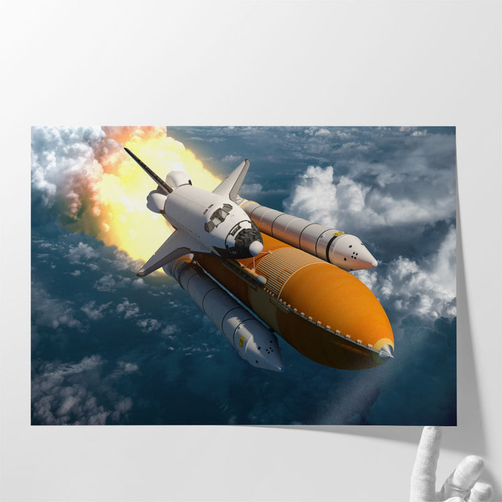 Space Shuttle Flying Over The Clouds - Canvas Print Wall Art