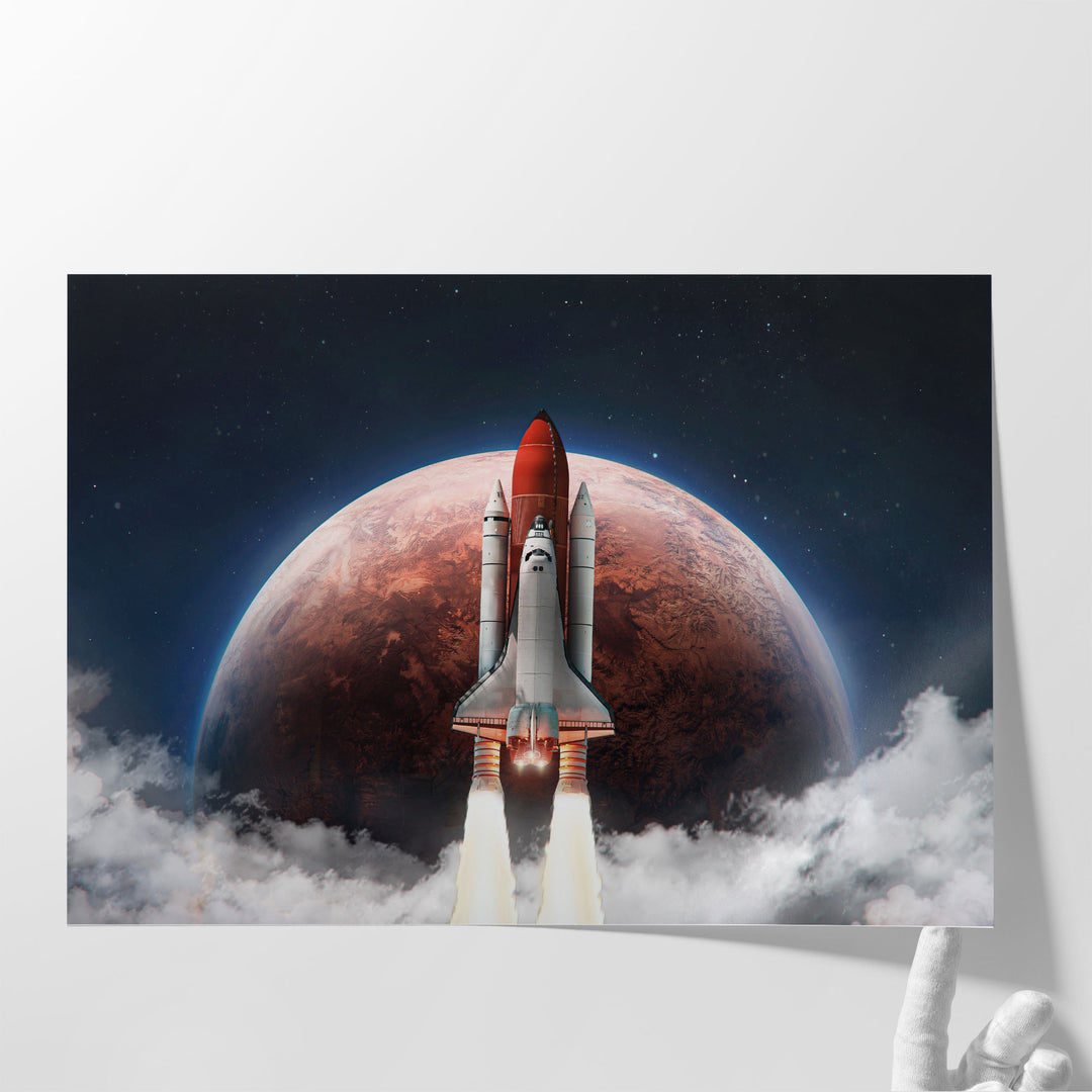 Spaceship in the Outer Space on The Orbit of Mars Planet - Canvas Print Wall Art